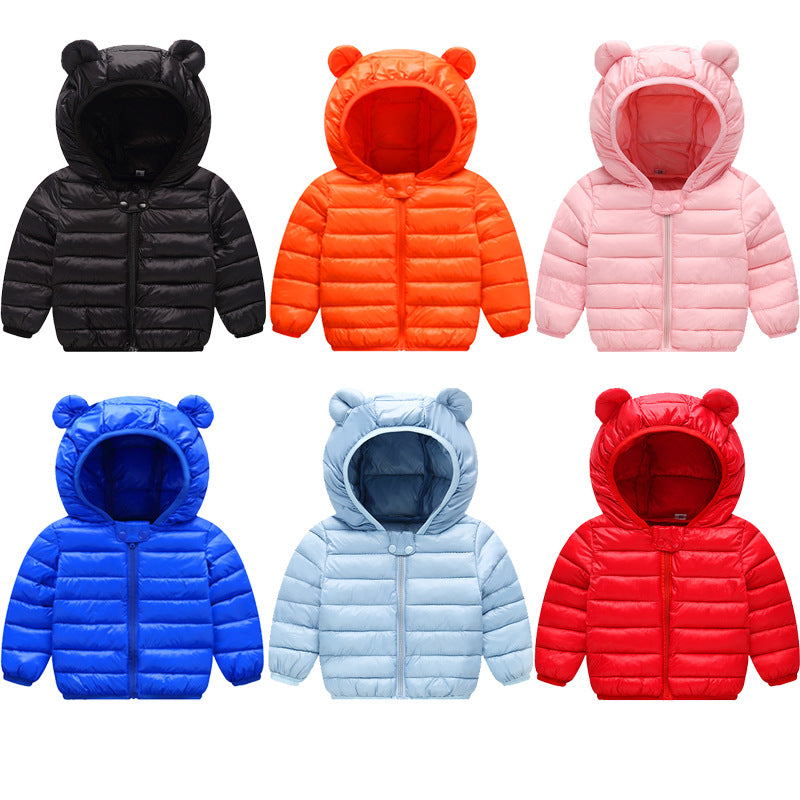 Chaqueta de plumón infantil con orejas de osito, abrigo de invierno para niños y niñas.