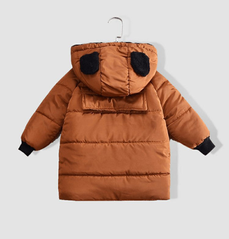 Chaqueta larga de plumón para niños con capucha de osito
