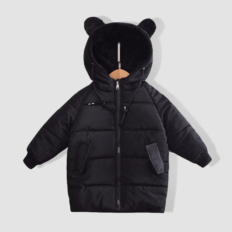 Chaqueta larga de plumón para niños con capucha de osito