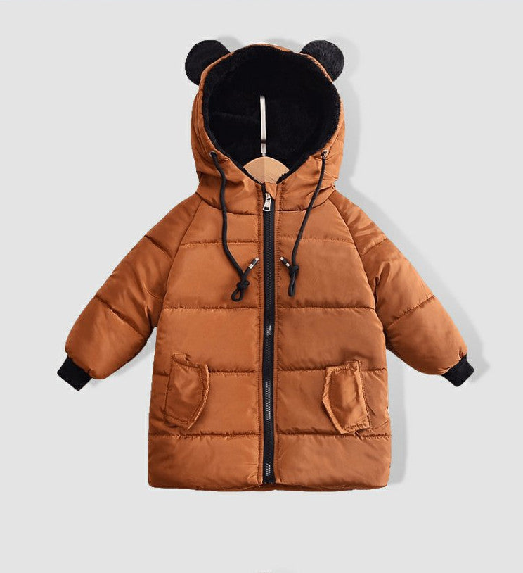 Chaqueta larga de plumón para niños con capucha de osito