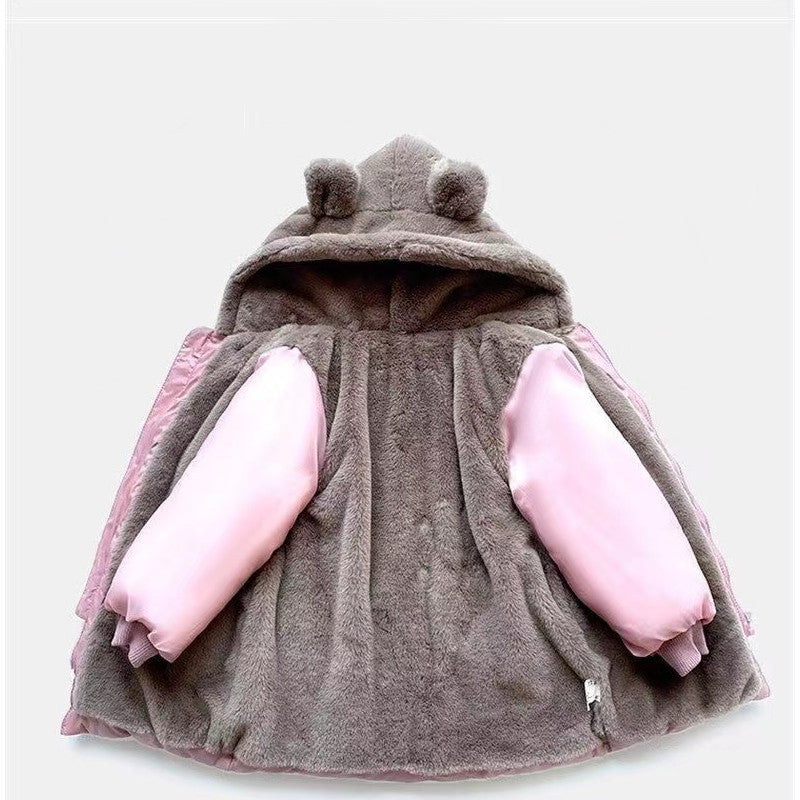 Mädchen-Daunensteppjacke mit Teddyfellkapuze
