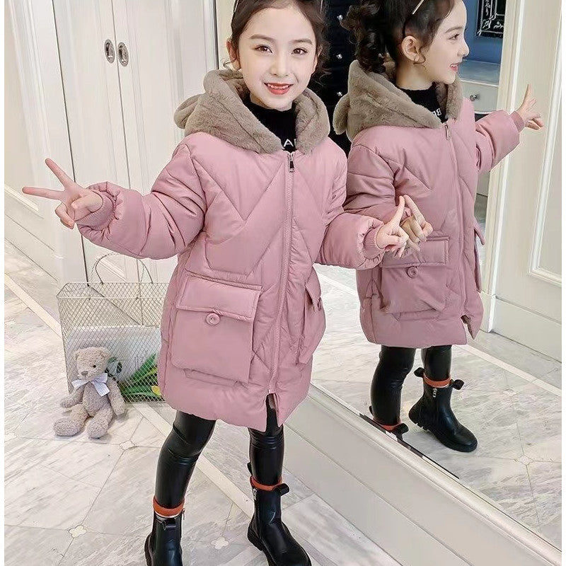 Mädchen-Daunensteppjacke mit Teddyfellkapuze