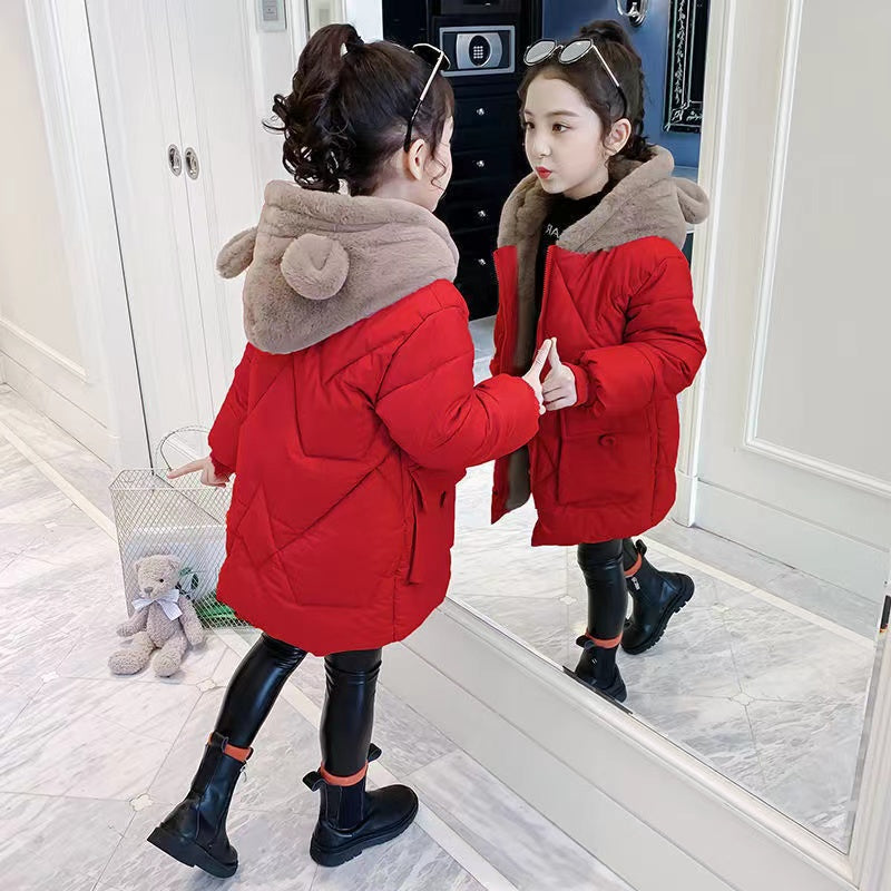 Mädchen-Daunensteppjacke mit Teddyfellkapuze