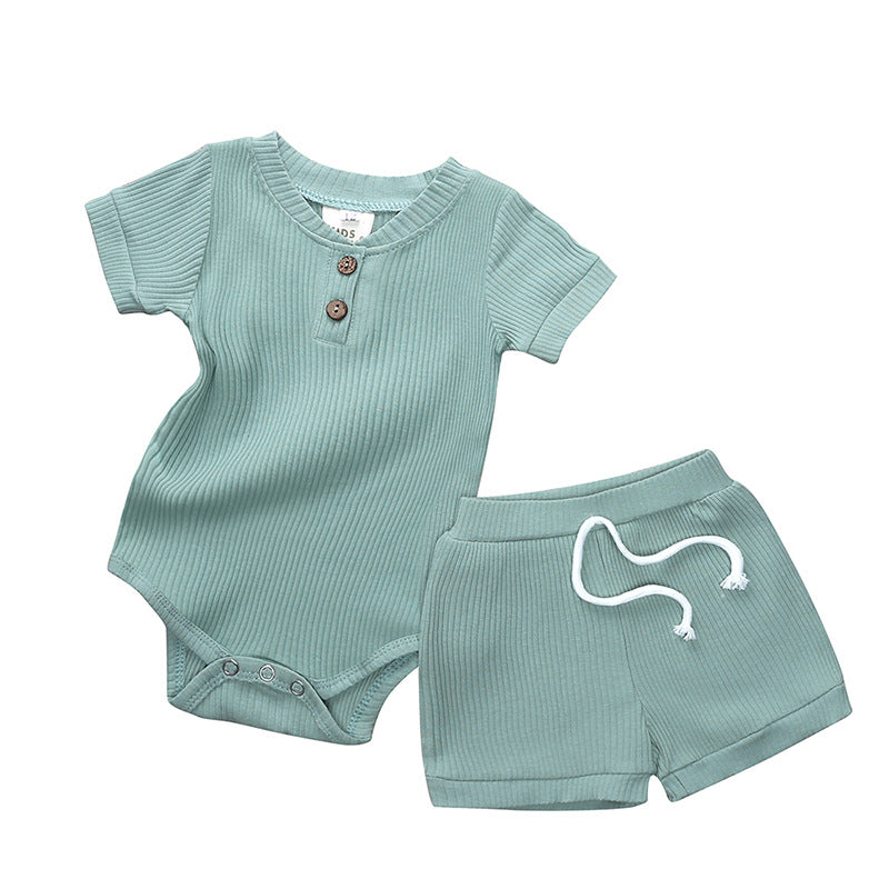 Set aus Bodysuit mit Mao-Kragen und Shorts aus elastischer Baumwolle für Babys, Jungen und Mädchen