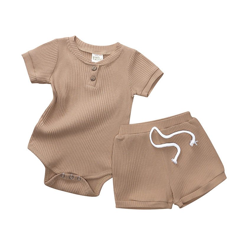 Set aus Bodysuit mit Mao-Kragen und Shorts aus elastischer Baumwolle für Babys, Jungen und Mädchen
