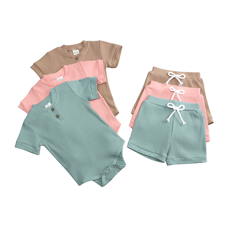 Set aus Bodysuit mit Mao-Kragen und Shorts aus elastischer Baumwolle für Babys, Jungen und Mädchen