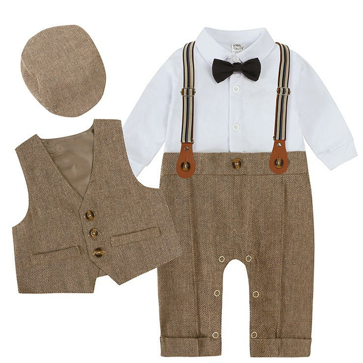 Vintage schickes Baby Fliege Weste Mütze Hosenträger Set