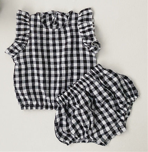 Vintage-Set aus Shorts und T-Shirt mit Karomuster für kleine Mädchen