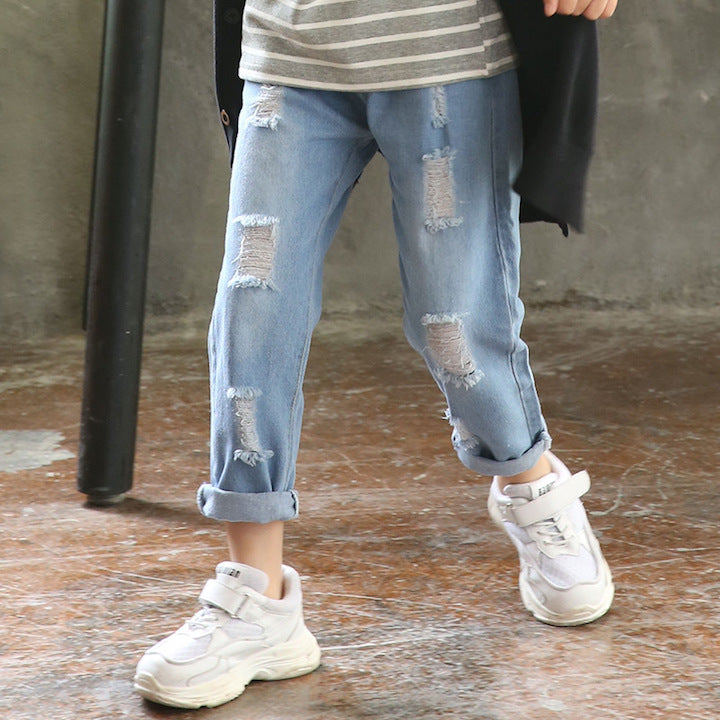 Lässige Jeans für Mädchen mit Locheffekt, trendige Streetwear