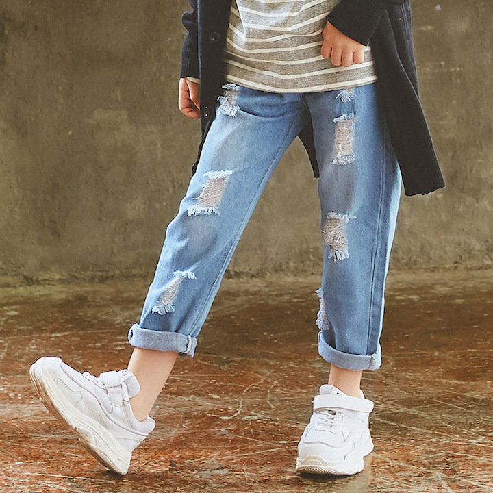 Lässige Jeans für Mädchen mit Locheffekt, trendige Streetwear
