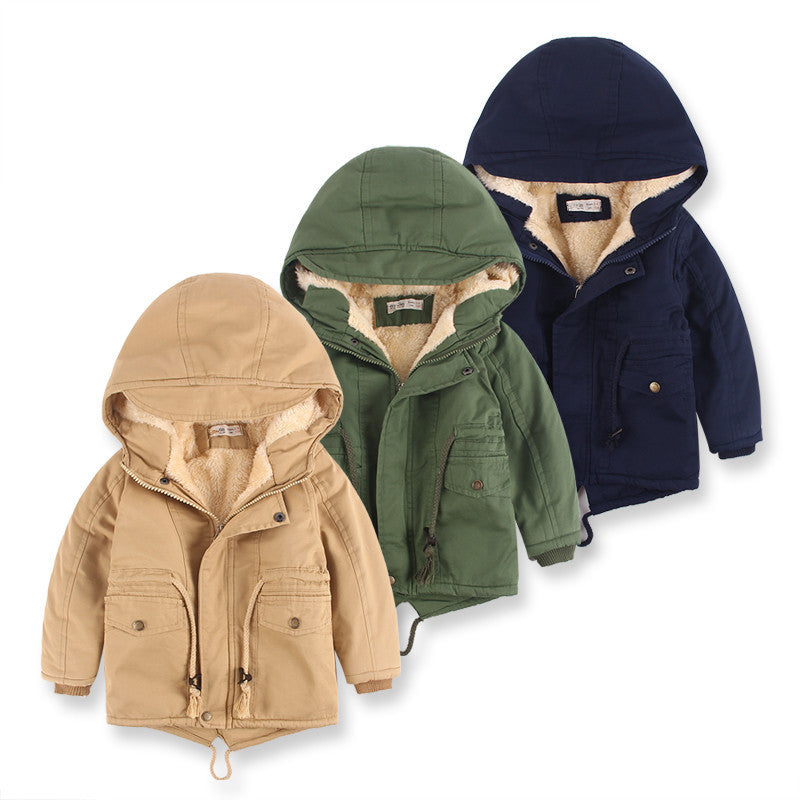 Parka con forro de piel para niños y niñas con capucha y cintura con cordón.