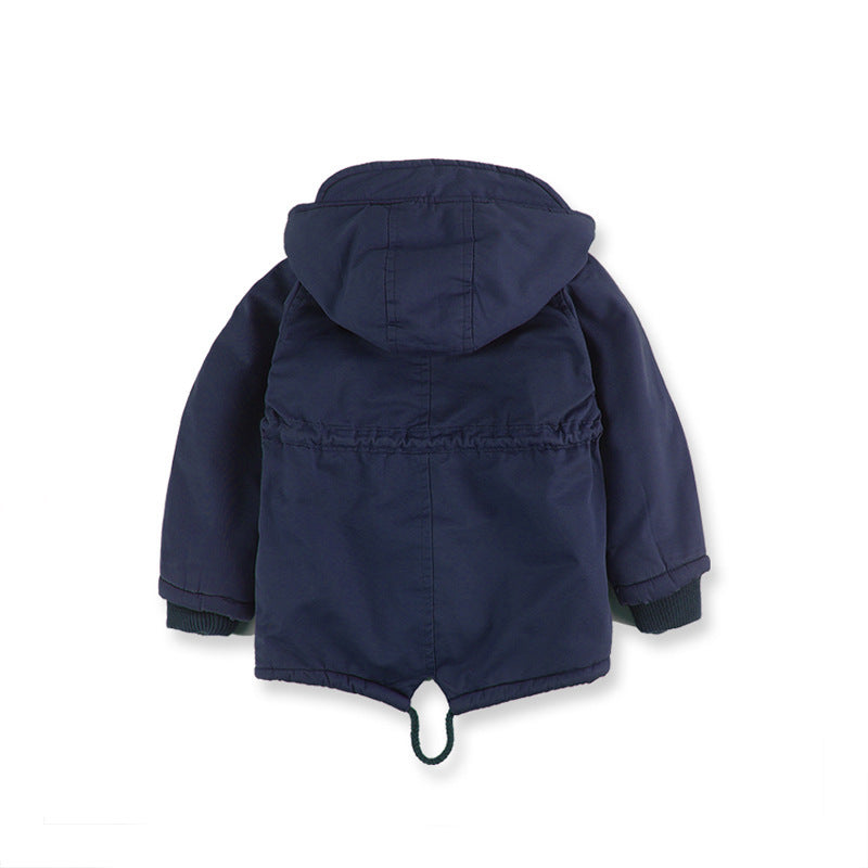 Parka con forro de piel para niños y niñas con capucha y cintura con cordón.
