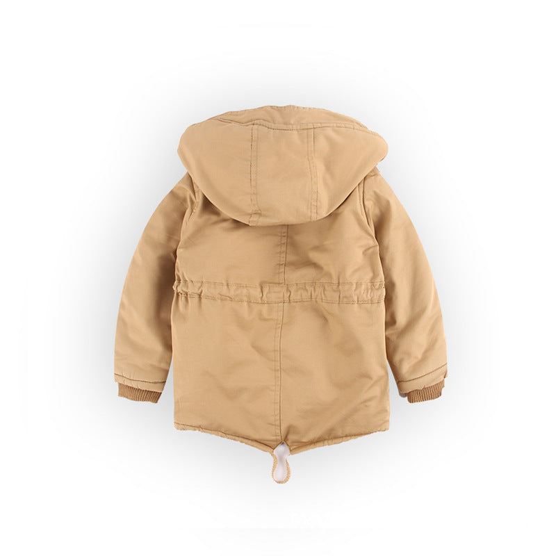 Parka con forro de piel para niños y niñas con capucha y cintura con cordón.