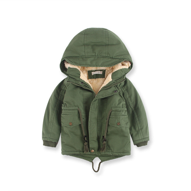 Parka con forro de piel para niños y niñas con capucha y cintura con cordón.