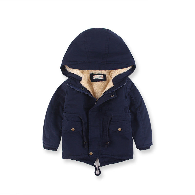 Parka con forro de piel para niños y niñas con capucha y cintura con cordón.