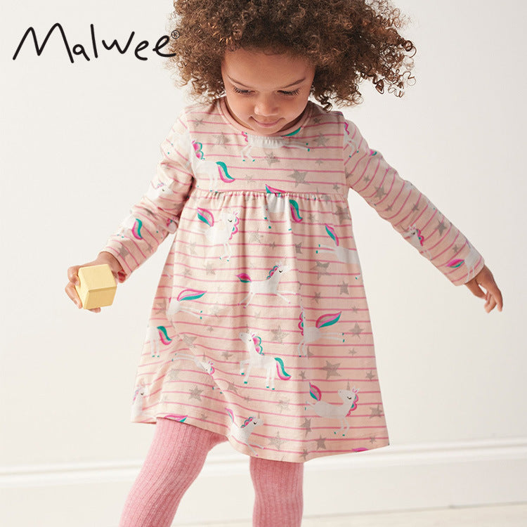 Langärmliges Baumwollkleid mit Einhorn-Print