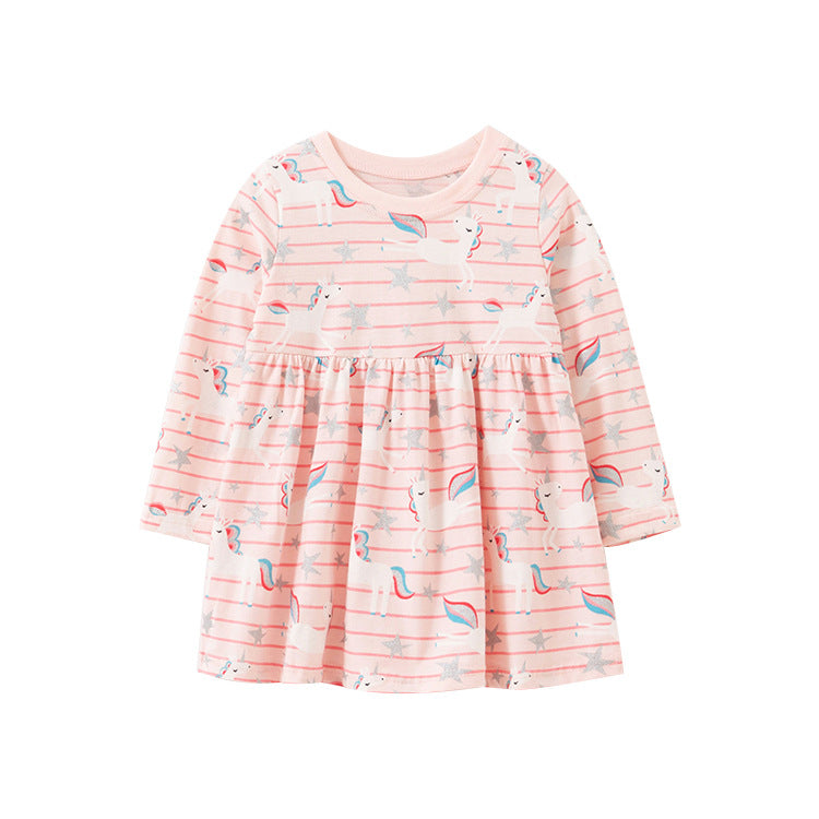 Langärmliges Baumwollkleid mit Einhorn-Print