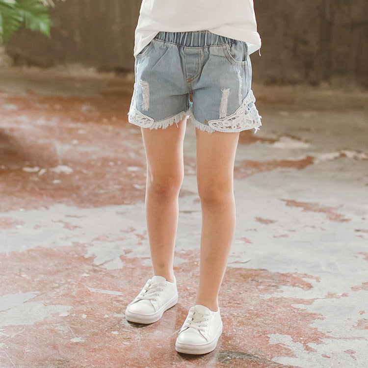 Short en jean denim pour fille avec détail dentelle