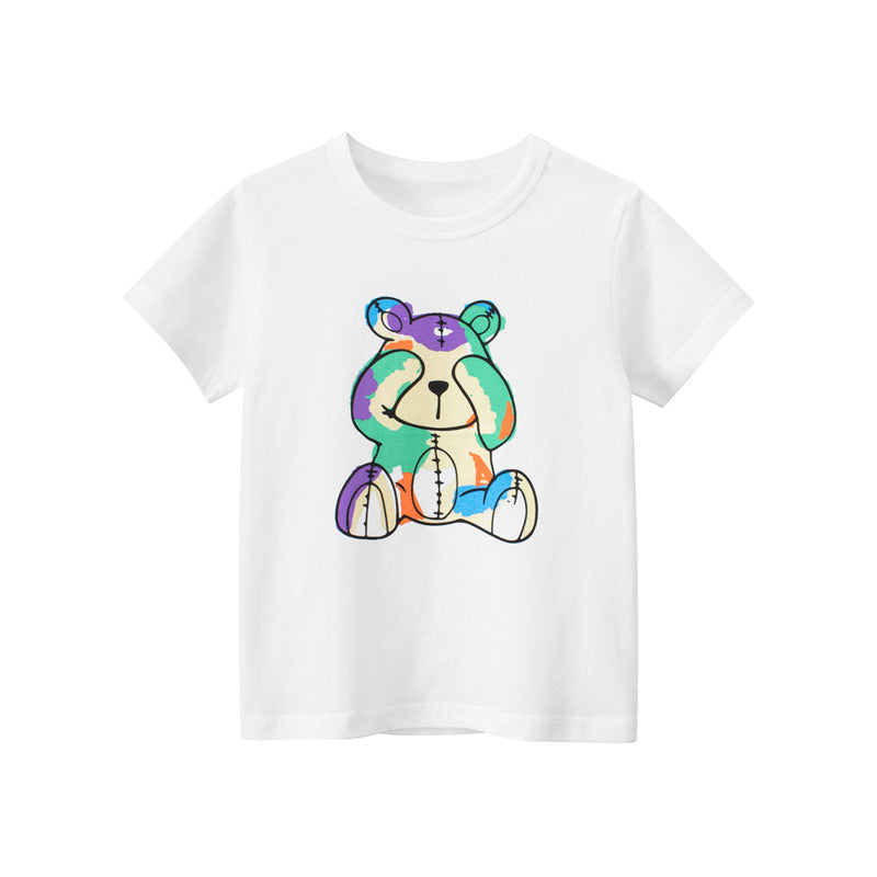 Kinder-Kurzarm-T-Shirt mit süßem Regenbogenbär-Design