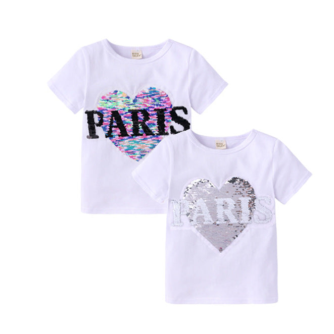 Wende-Pailletten-T-Shirt für Mädchen mit Paris-Buchstaben
