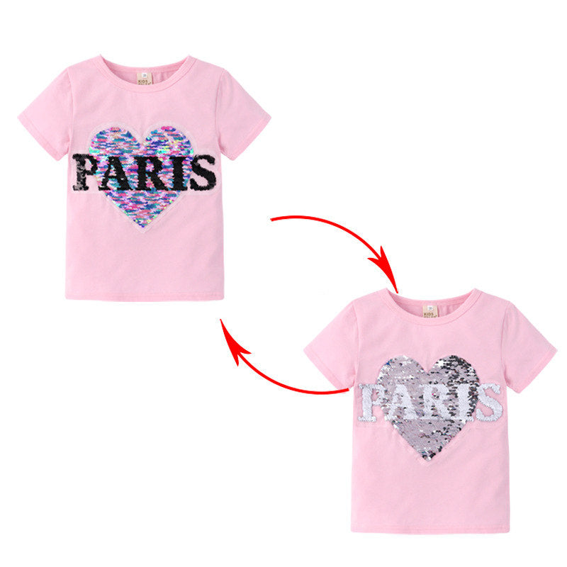 Wende-Pailletten-T-Shirt für Mädchen mit Paris-Buchstaben
