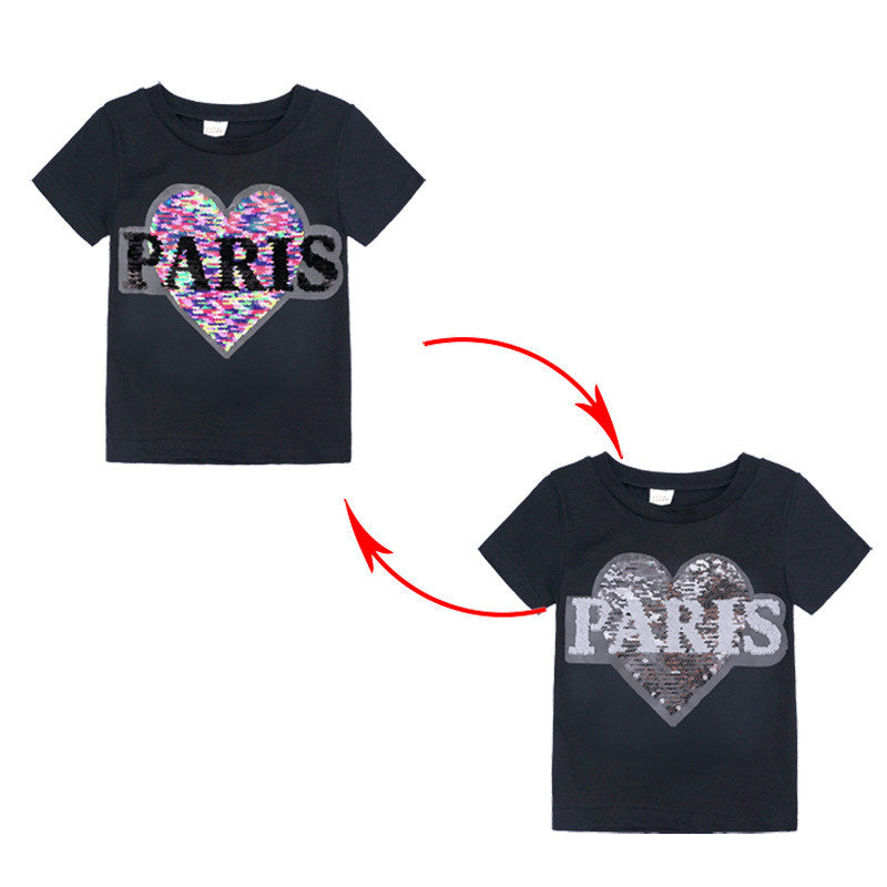 Wende-Pailletten-T-Shirt für Mädchen mit Paris-Buchstaben