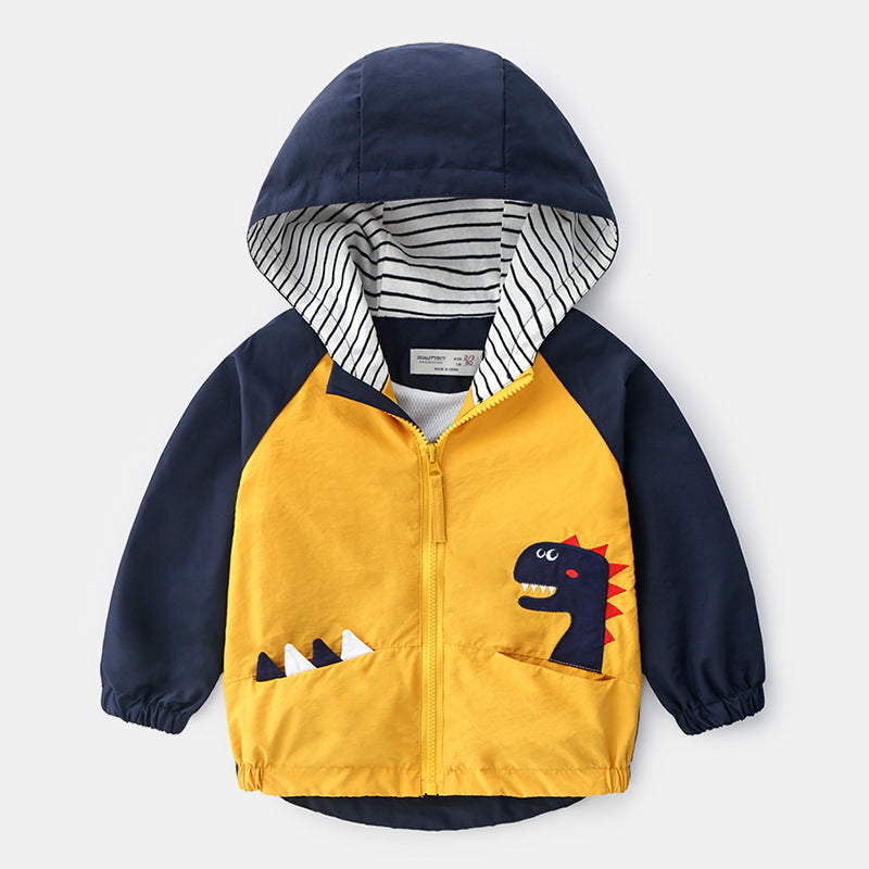 Chaqueta con capucha para niño con dinosaurio en el bolsillo.