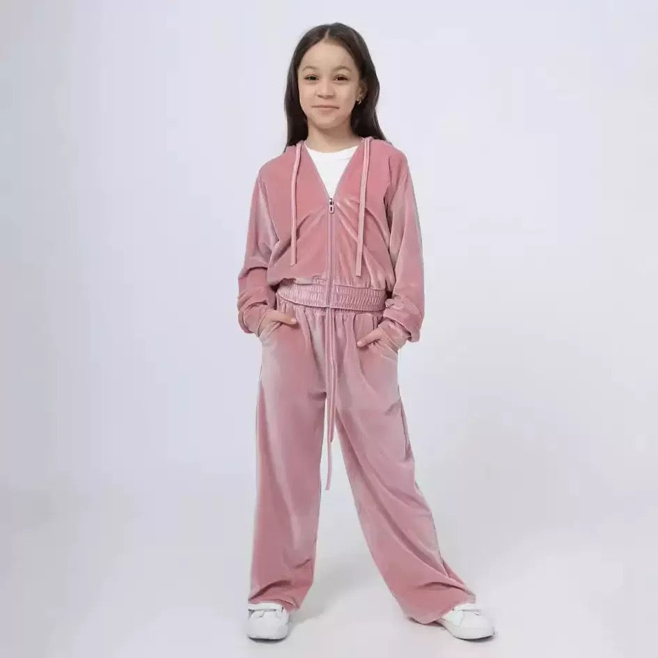 Ensemble de sport en velours pour fille – Sweat à capuche et pantalon, doux et confortable