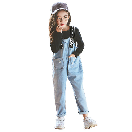 Conjunto de camiseta y mono de cuello redondo de manga larga para niña