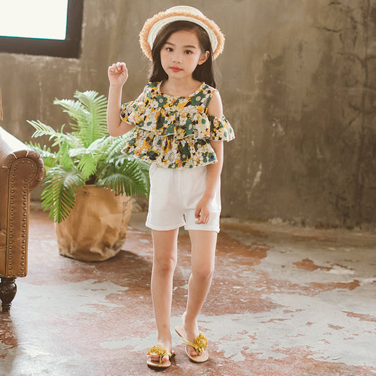 Conjunto de niña: camiseta de manga corta sin tirantes con estampado floral y pantalón corto blanco