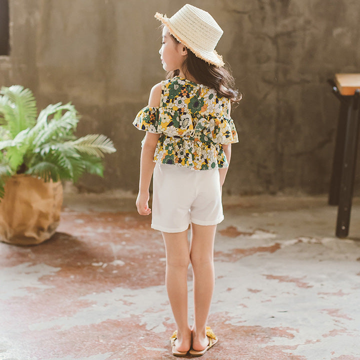 Conjunto de niña: camiseta de manga corta sin tirantes con estampado floral y pantalón corto blanco