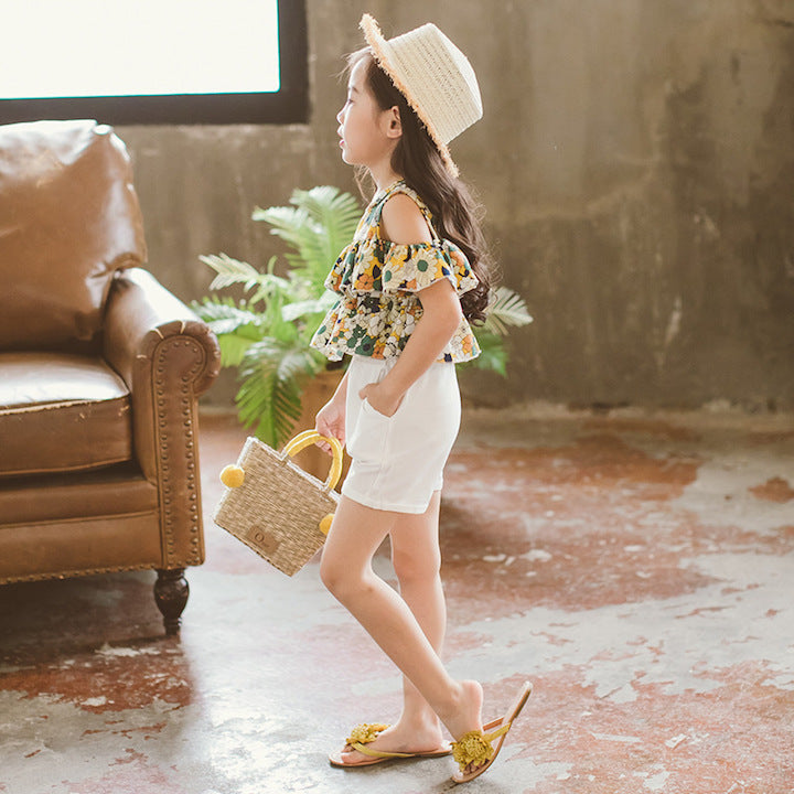 Conjunto de niña: camiseta de manga corta sin tirantes con estampado floral y pantalón corto blanco
