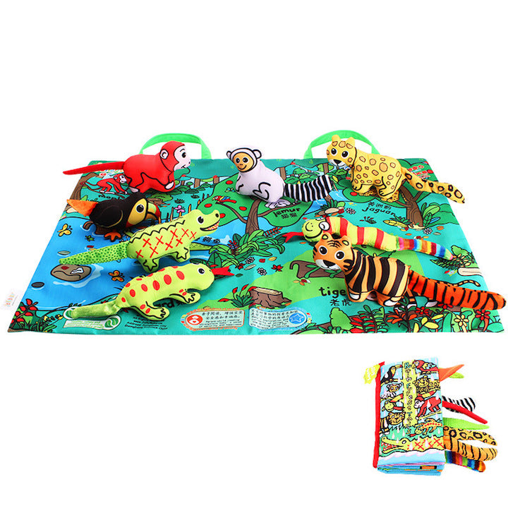 Libro de alfombras de tela para bebé con peluches de animales de la selva