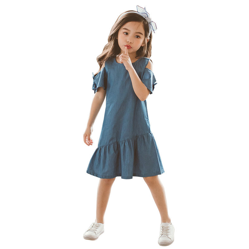 Vestido vaquero de manga corta para niña