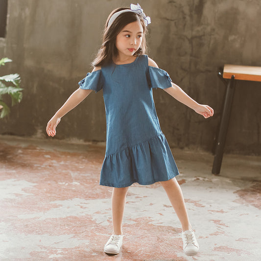 Vestido vaquero de manga corta para niña