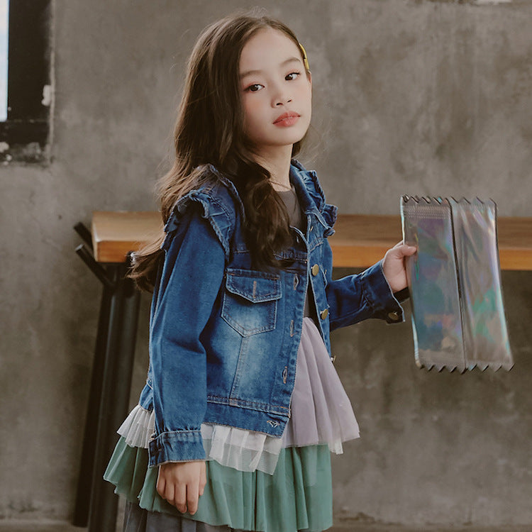 Jeansjacke mit gerüschten Schultern für Mädchen