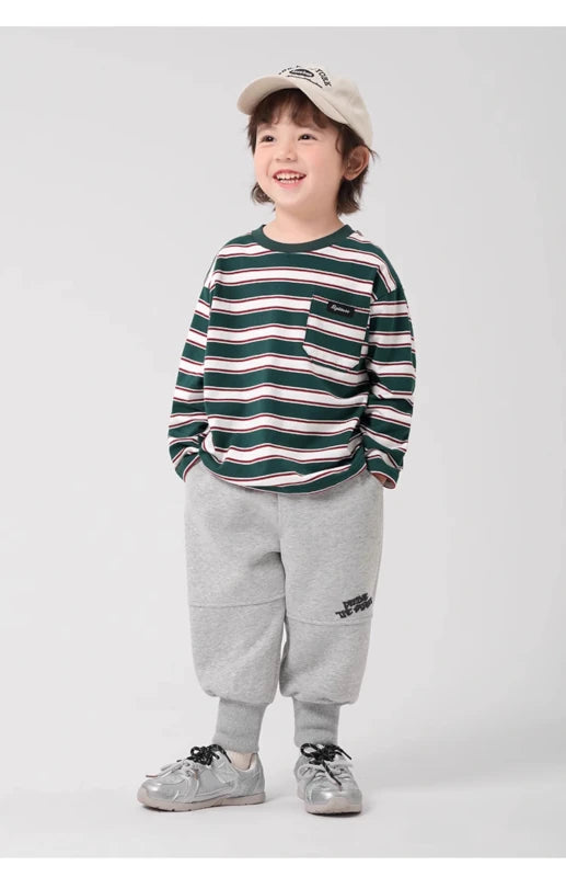 Gestreiftes Langarm-T-Shirt für Jungen – klassisches Grün